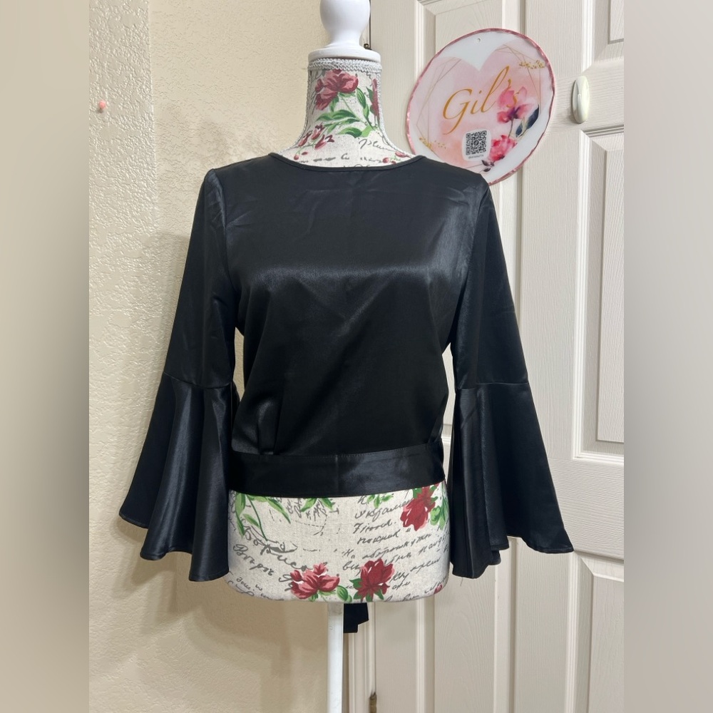 Jack by BB Dakota Black Satin Blouse with Bell Sleeves